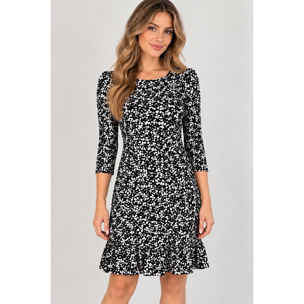 Tommy Hilfiger Ruffle Hem Dress Womens 8 Black White Floral 3/4 Sleeve Fit Flare